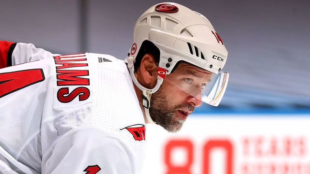 TORONTO, ONTARIO - AUGUST 19: Justin Williams #14 of the Carolina Hurricanes looks on while playing against the Boston Bruins during the second period of Game Five of the Eastern Conference First Round during the 2020 NHL Stanley Cup Playoffs at Scotiabank Arena on August 19, 2020 in Toronto, Ontario.