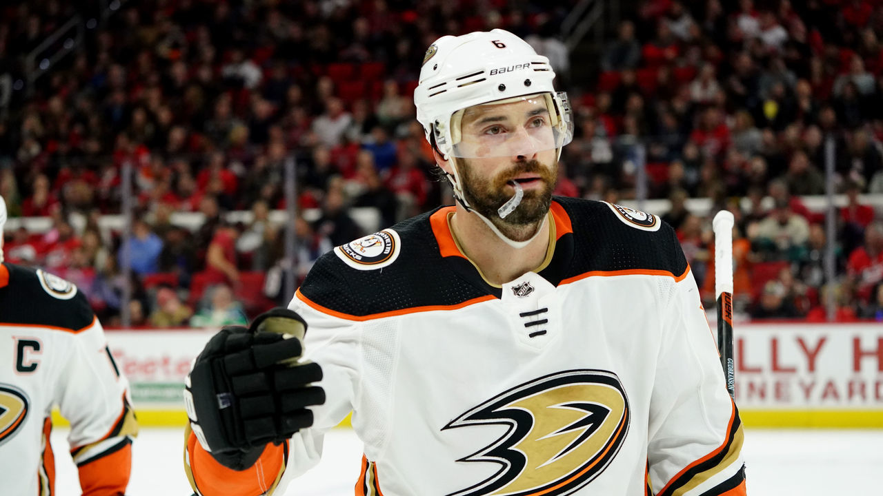 RALEIGH, NC - JANUARY 17: Erik Gudbranson #6 of the Anaheim Ducks skates back to the bench after scoring a goal during an NHL game against the Carolina Hurricanes on January 17, 2020 at PNC Arena in Raleigh, North Carolina.