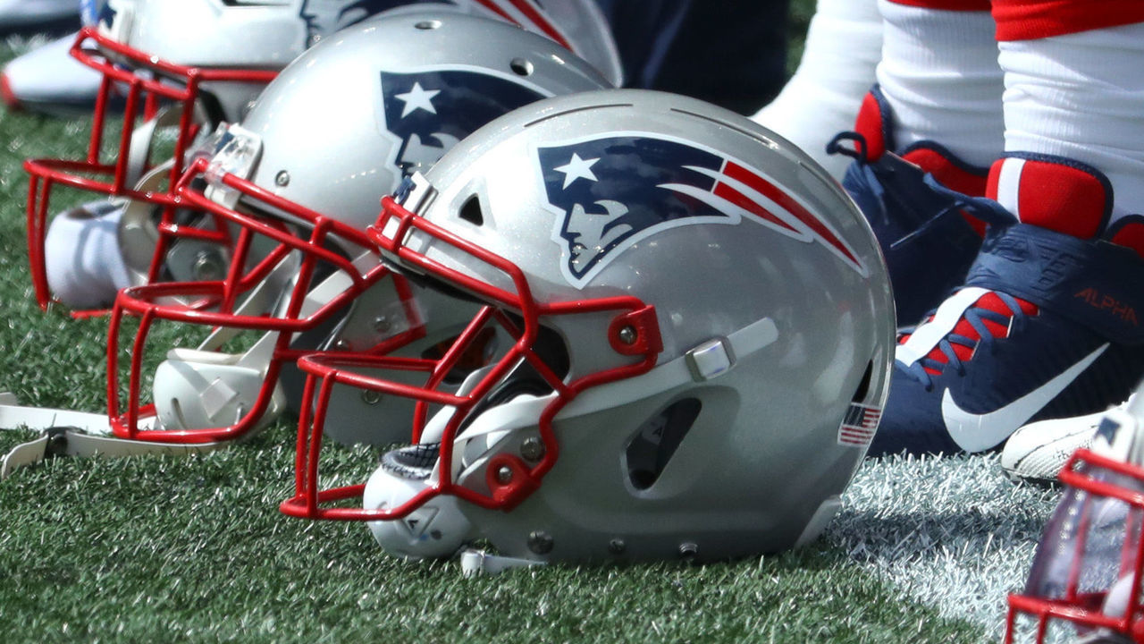 FOXBOROUGH, MASSACHUSETTS - SEPTEMBER 13: A view of New England Patriots helmets before the game between the Patriots and the Miami Dolphins at Gillette Stadium on September 13, 2020 in Foxborough, Massachusetts.