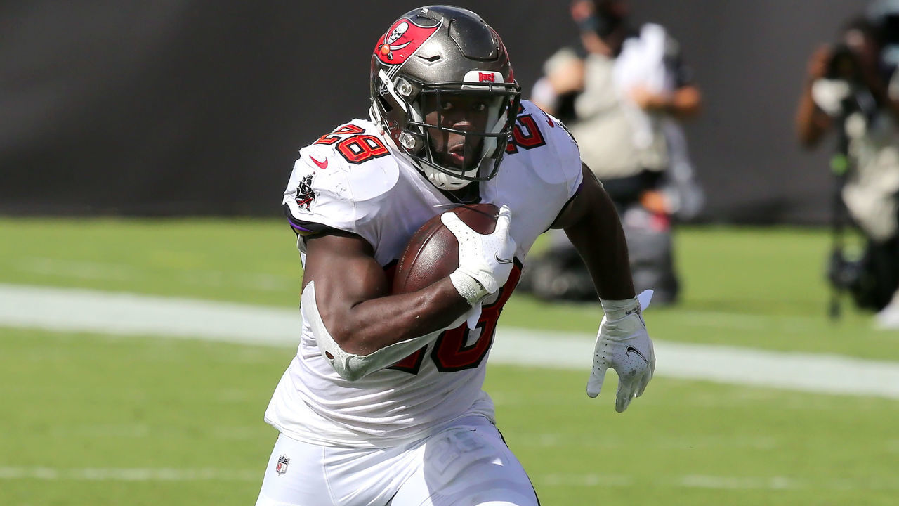 TAMPA, FL - SEP 20: Leonard Fournette (28) of the Bucs carries the ball during the regular season game between the Carolina Panthers and the Tampa Bay Buccaneers on September 20, 2020 at Raymond James Stadium in Tampa, Florida.