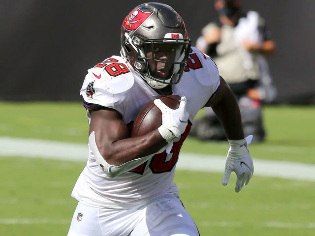 TAMPA, FL - SEP 20: Leonard Fournette (28) of the Bucs carries the ball during the regular season game between the Carolina Panthers and the Tampa Bay Buccaneers on September 20, 2020 at Raymond James Stadium in Tampa, Florida.