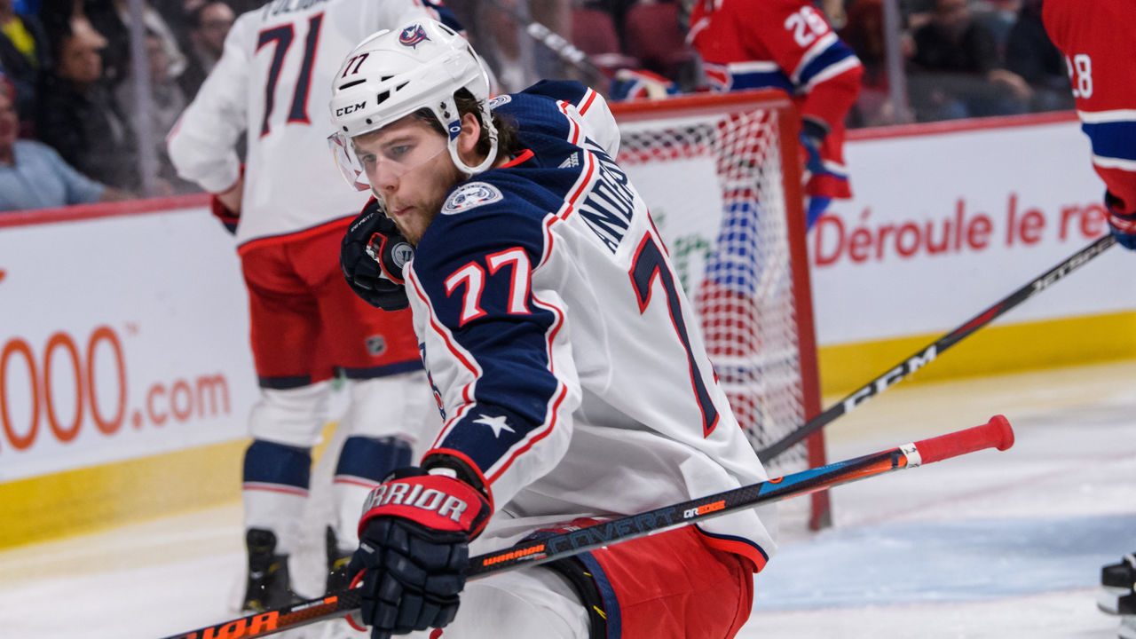 MONTREAL, QC - FEBRUARY 19: Columbus Blue Jackets right wing Josh Anderson (77) celebrates his goal during the second period of the NHL game between the Columbus Blue Jackets and the Montreal Canadiens on february 19, 2019, at the Bell Centre in Montreal, QC