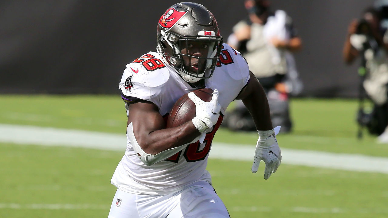 TAMPA, FL - SEP 20: Leonard Fournette (28) of the Bucs carries the ball during the regular season game between the Carolina Panthers and the Tampa Bay Buccaneers on September 20, 2020 at Raymond James Stadium in Tampa, Florida.