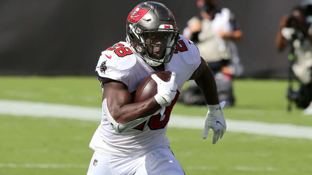 TAMPA, FL - SEP 20: Leonard Fournette (28) of the Bucs carries the ball during the regular season game between the Carolina Panthers and the Tampa Bay Buccaneers on September 20, 2020 at Raymond James Stadium in Tampa, Florida.