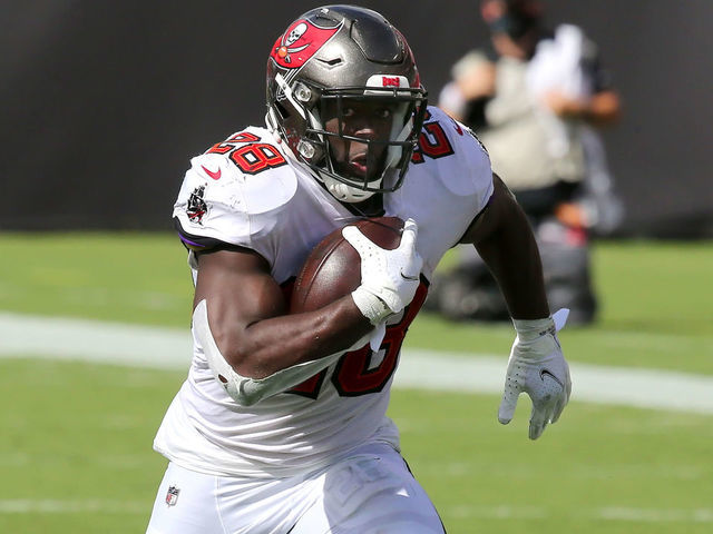 TAMPA, FL - SEP 20: Leonard Fournette (28) of the Bucs carries the ball during the regular season game between the Carolina Panthers and the Tampa Bay Buccaneers on September 20, 2020 at Raymond James Stadium in Tampa, Florida.
