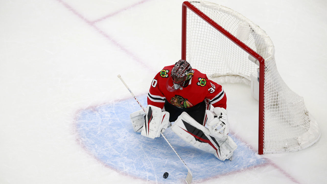 EDMONTON, ALBERTA - JULY 29: Malcolm Subban #30 of the Chicago Blackhawks blocks a shot during the second period against the St. Louis Blues in an exhibition game prior to the 2020 NHL Stanley Cup Playoffs at Rogers Place on July 29, 2020 in Edmonton, Alberta.