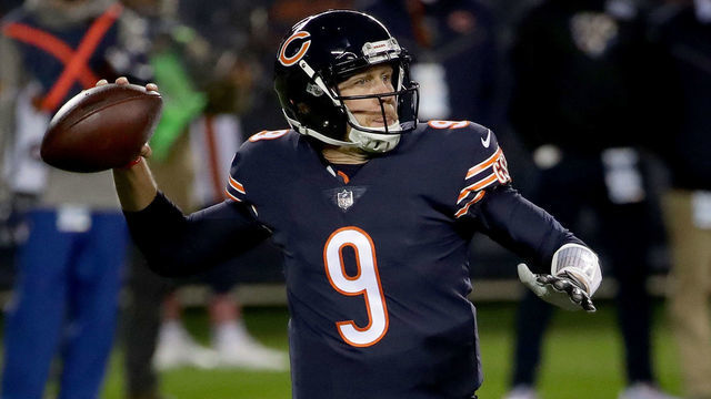 CHICAGO, ILLINOIS - OCTOBER 08: Nick Foles #9 of the Chicago Bears throws a pass in the second quarter against the Tampa Bay Buccaneers at Soldier Field on October 08, 2020 in Chicago, Illinois.