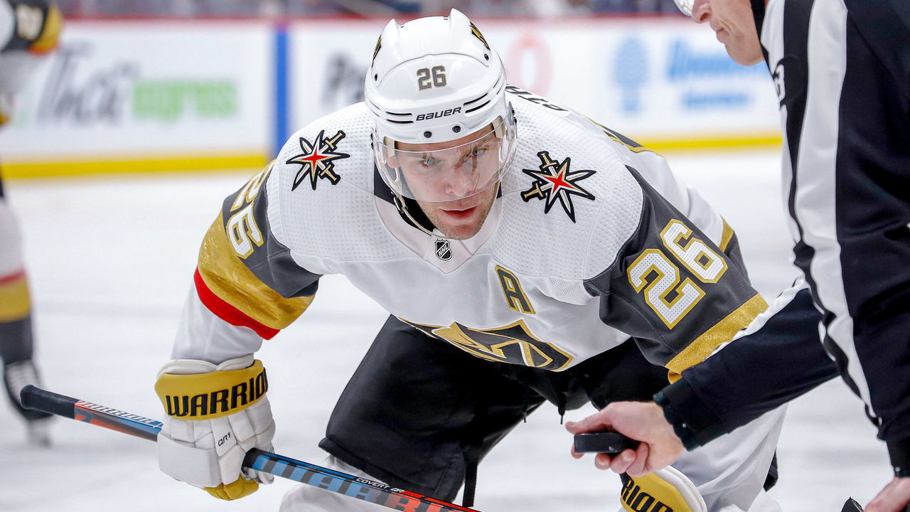 WINNIPEG, MB - MARCH 6: Paul Stastny #26 of the Vegas Golden Knights gets set to take a third period face-off against the Winnipeg Jets at the Bell MTS Place on March 6, 2020 in Winnipeg, Manitoba, Canada.