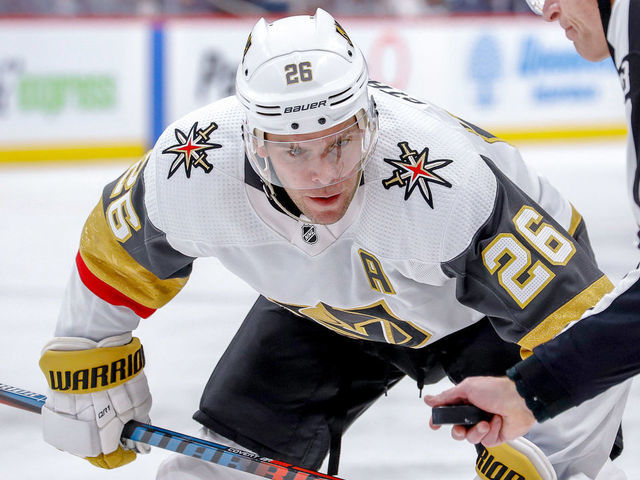 WINNIPEG, MB - MARCH 6: Paul Stastny #26 of the Vegas Golden Knights gets set to take a third period face-off against the Winnipeg Jets at the Bell MTS Place on March 6, 2020 in Winnipeg, Manitoba, Canada.