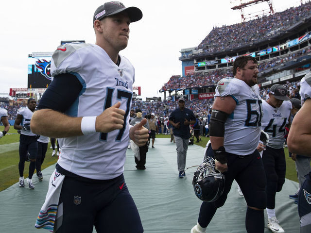 NASHVILLE, TN - OCTOBER 06: Ryan Tannehill #17 of the Tennessee Titans runs off the field at halftime against the Buffalo Bills at Nissan Stadium on October 6, 2019 in Nashville, Tennessee. Buffalo defeats Tennessee 14-7.