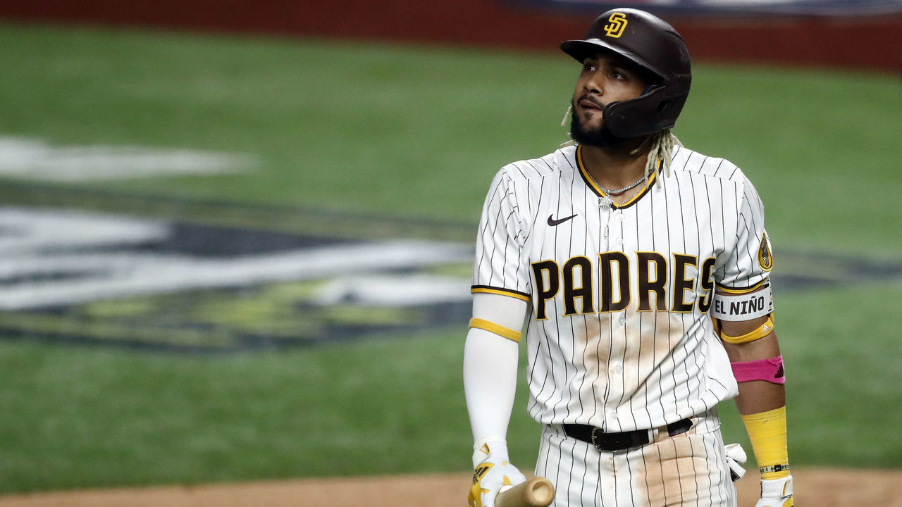 ARLINGTON, TEXAS - OCTOBER 08: Fernando Tatis Jr. #23 of the San Diego Padres reacts after striking out during the second inning against the Los Angeles Dodgers in Game Three of the National League Division Series at Globe Life Field on October 08, 2020 in Arlington, Texas.