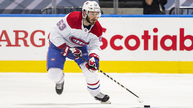 TORONTO, ONTARIO - AUGUST 19: Victor Mete #53 of the Montreal Canadiens plays the puck against the Philadelphia Flyers during the second period in Game Five of the Eastern Conference First Round of the 2020 NHL Stanley Cup Playoff at Scotiabank Arena on August 19, 2020 in Toronto, Ontario.