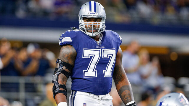 ARLINGTON, TX - NOVEMBER 10: Dallas Cowboys Offensive Tackle Tyron Smith (77) warms up prior to the game between the Minnesota Vikings and Dallas Cowboys on November 10, 2019 at AT&T Stadium in Arlington, TX.