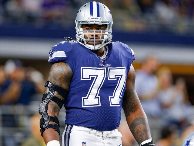 Dallas Cowboys tackle Tyron Smith (77) blocks during the first half of an  NFL football game against the New England Patriots, Sunday, Oct. 17, 2021,  in Foxborough, Mass. (AP Photo/Stew Milne Stock