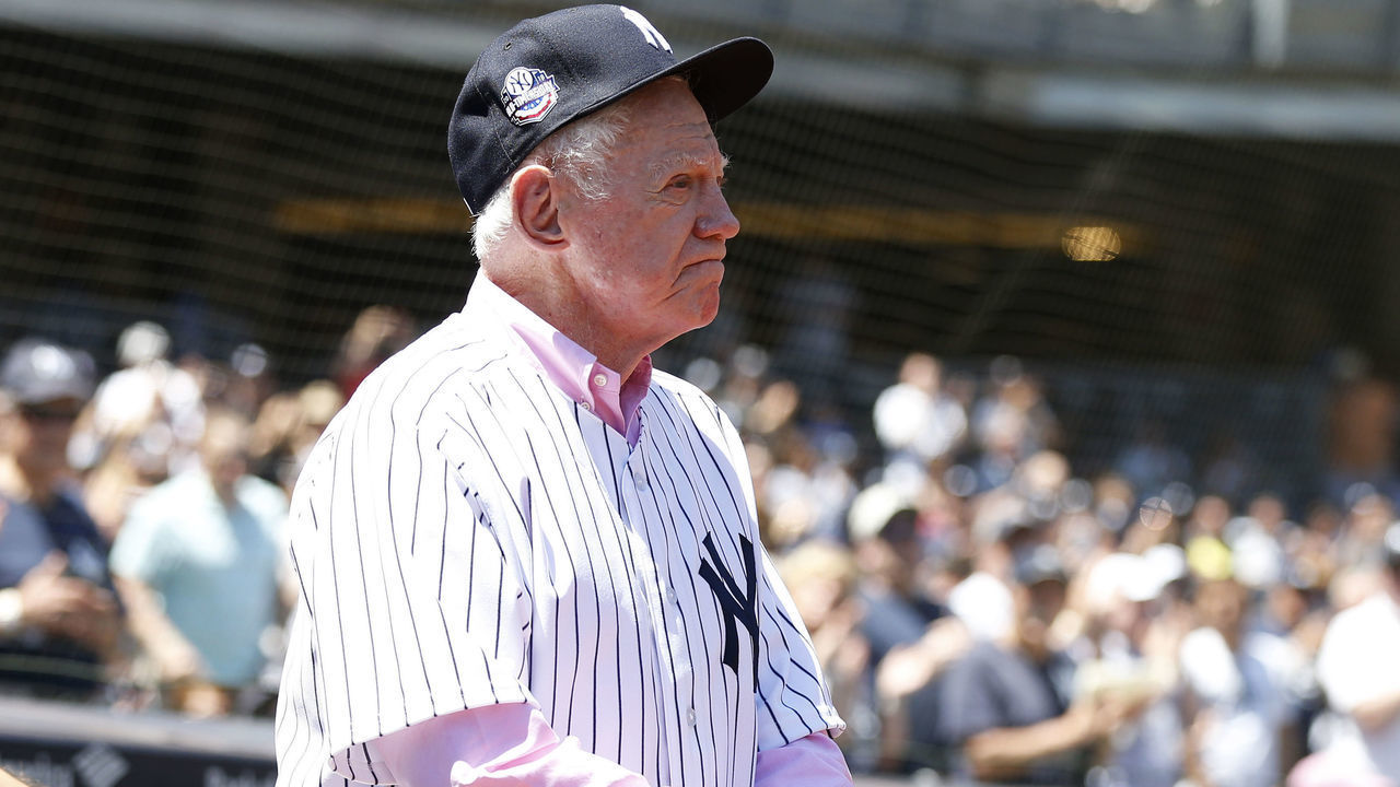 NEW YORK, NY - JUNE 17: Former player Whitey Ford of the New York Yankees is introduced during the New York Yankees 72nd Old Timers Day game before the Yankees play against the Tampa Bay Rays at Yankee Stadium on June 17, 2018 in the Bronx borough of New York City.