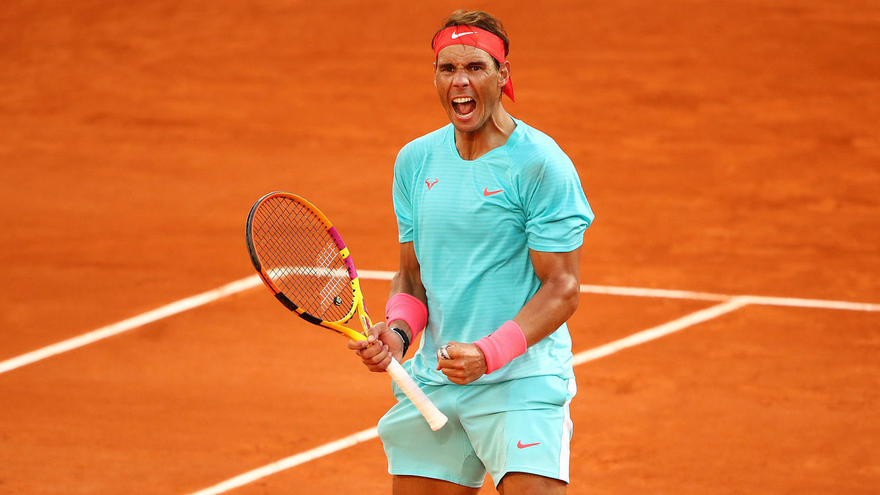 PARIS, FRANCE - OCTOBER 09: Rafael Nadal of Spain celebrates after winning a point during his Men's Singles semifinals match against Diego Schwartzman of Argentina on day thirteen of the 2020 French Open at Roland Garros on October 09, 2020 in Paris, France.