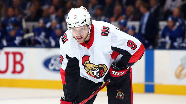 TORONTO, ON - OCTOBER 02: Bobby Ryan #9 of the Ottawa Senators prepares for a face off during an NHL game against the Toronto Maple Leafs at Scotiabank Arena on October 2, 2019 in Toronto, Canada.