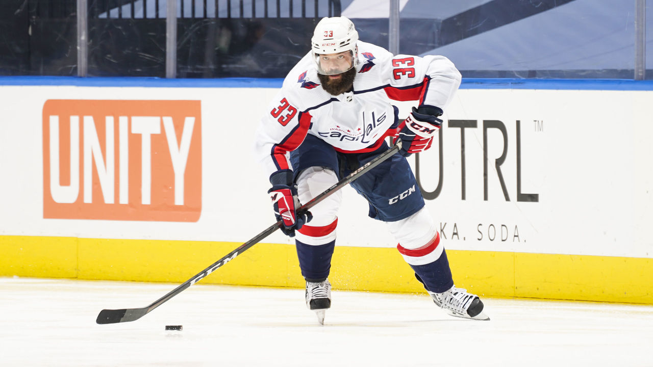 TORONTO, ONTARIO - AUGUST 16: Radko Gudas #33 of the Washington Capitals plays the puck against the New York Islanders duirng the second period in Game Three of the Eastern Conference First Round of the 2020 NHL Stanley Cup Playoff at Scotiabank Arena on August 16, 2020 in Toronto, Ontario.
