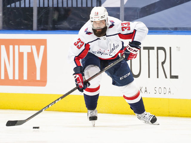TORONTO, ONTARIO - AUGUST 16: Radko Gudas #33 of the Washington Capitals plays the puck against the New York Islanders duirng the second period in Game Three of the Eastern Conference First Round of the 2020 NHL Stanley Cup Playoff at Scotiabank Arena on August 16, 2020 in Toronto, Ontario.
