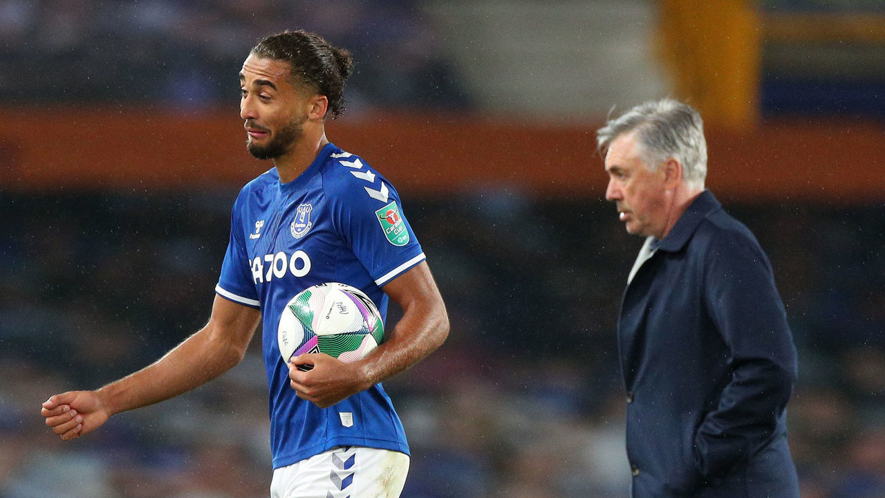 LIVERPOOL, ENGLAND - SEPTEMBER 30: Dominic Calvert-Lewin of Everton carries the match ball after scoring a hat trick during the Carabao Cup fourth round match between Everton and West Ham United at Goodison Park on September 30, 2020 in Liverpool, England. Football Stadiums around United Kingdom remain empty due to the Coronavirus Pandemic as Government social distancing laws prohibit fans inside venues resulting in fixtures being played behind closed doors.