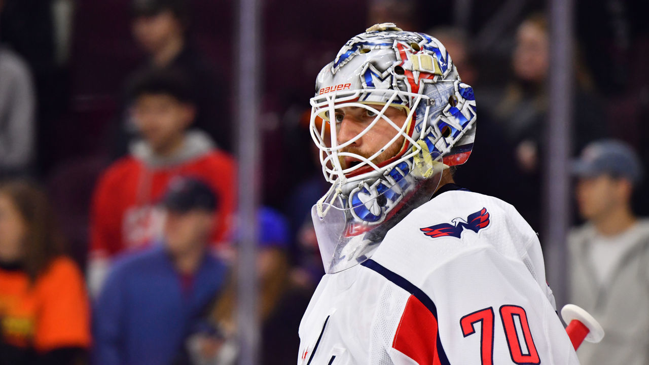 PHILADELPHIA, PA - MARCH 14: Washington Capitals Goalie Braden Holtby (70) looks on during warmups before the game between the Washington Capitals and Philadelphia Flyers on March 14, 2019 at Wells Fargo Center in Philadelphia, PA.