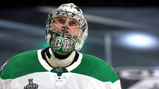 EDMONTON, ALBERTA - SEPTEMBER 21: Goaltender Anton Khudobin #35 of the Dallas Stars looks on during a stoppage in play in the third period of Game Two of the NHL Stanley Cup Final between the Dallas Stars and the Tampa Bay Lightning at Rogers Place on September 21, 2020 in Edmonton, Alberta, Canada.