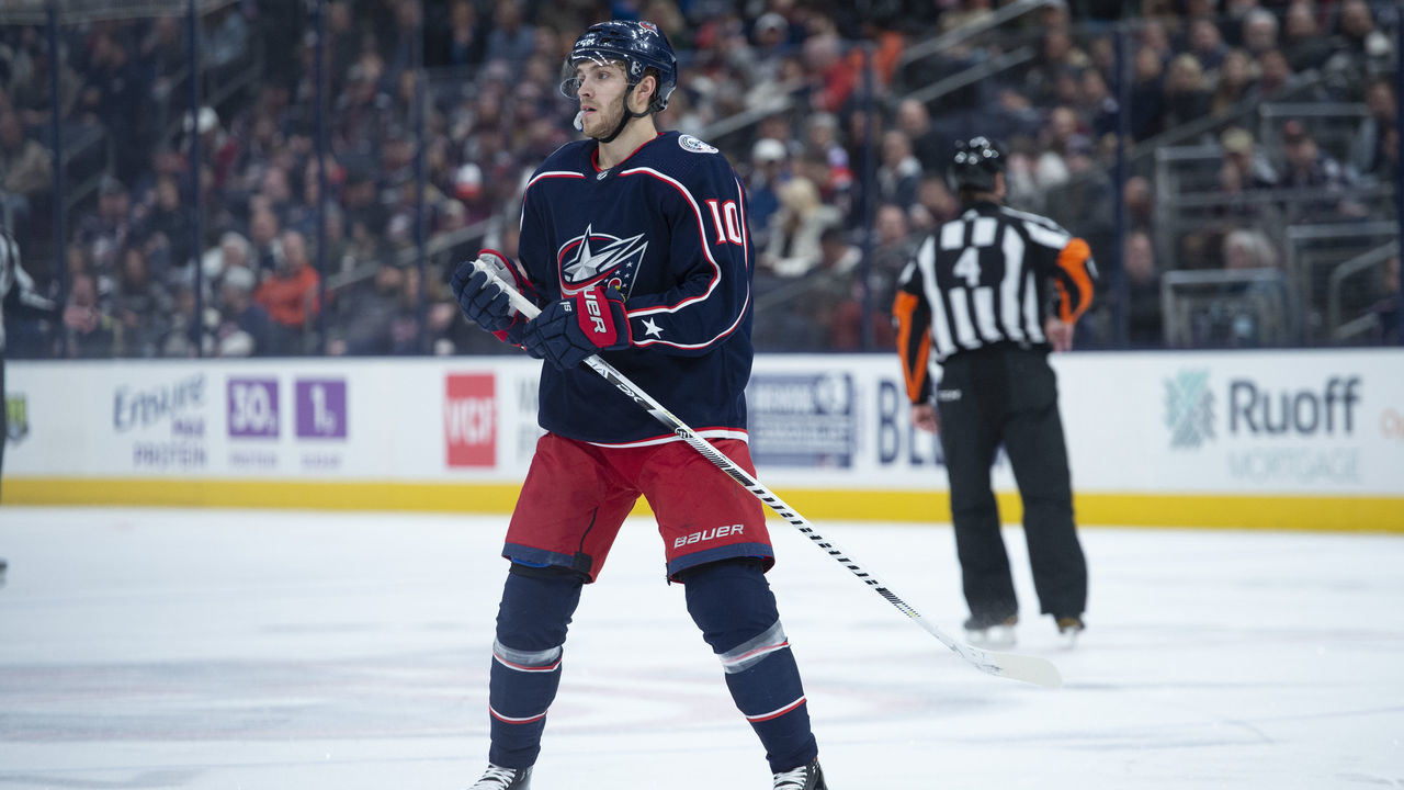 COLUMBUS, OH - FEBRUARY 28: Columbus Blue Jackets Center Alexander Wennberg (10) skates while play is stopped during an NHL game between the Columbus Blue Jackets and the Minnesota Wild on February 28, 2020, at Nationwide Arena in Columbus, OH.
