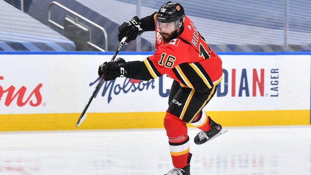 EDMONTON, ALBERTA - AUGUST 16: Tobias Rieder #16 of the Calgary Flames warms up before Game Four of the Western Conference First Round of the 2020 NHL Stanley Cup Playoff between the Dallas Stars and the Calgary Flames at Rogers Place on August 16, 2020 in Edmonton, Alberta.