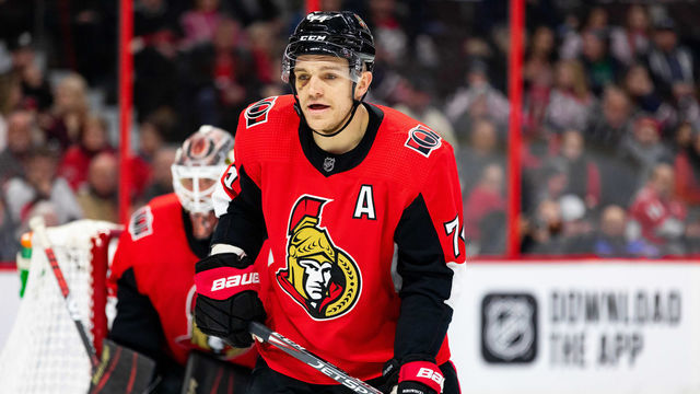 OTTAWA, ON - JANUARY 31: Ottawa Senators Defenceman Mark Borowiecki (74) keeps eyes on the play during third period National Hockey League action between the Washington Capitals and Ottawa Senators on January 31, 2020, at Canadian Tire Centre in Ottawa, ON, Canada.