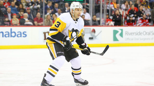 NEWARK, NJ - MARCH 10: Pittsburgh Penguins defenseman Jack Johnson (3) skates during the National Hockey League game between the New Jersey Devils and the Pittsburgh Penguins on March 10, 2020 at the Prudential Center in Newark, NJ.