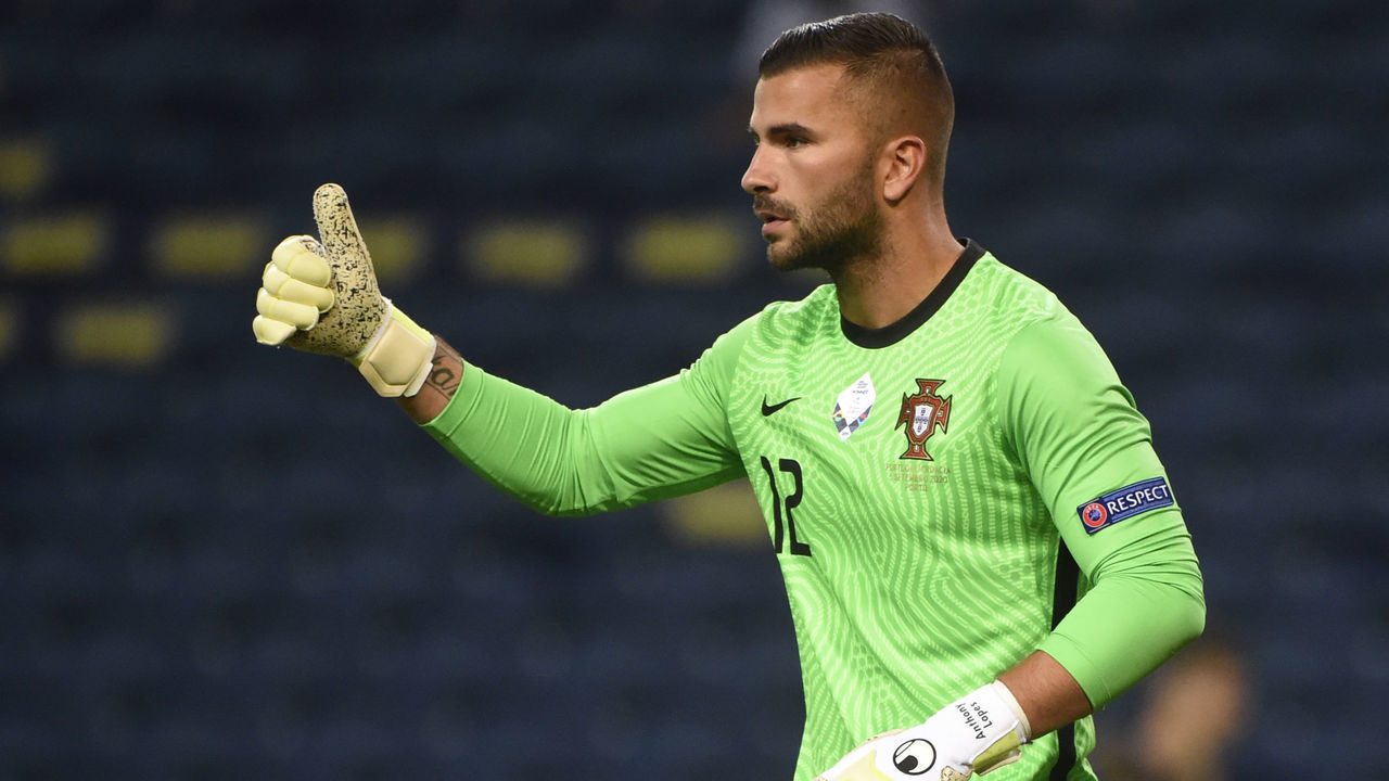 Portugal's goalkeeper Anthony Lopes reacts during the UEFA Nations League A group 3 football match between Portugal and Croatia at the Dragao Stadium in Porto on September 5, 2020.
