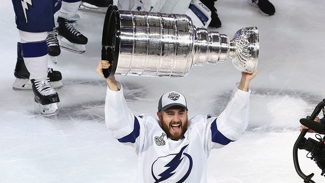 EDMONTON, ALBERTA - SEPTEMBER 28: Kevin Shattenkirk #22 of the Tampa Bay Lightning skates with the Stanley Cup following the series-winning victory over the Dallas Stars in Game Six of the 2020 NHL Stanley Cup Final at Rogers Place on September 28, 2020 in Edmonton, Alberta, Canada.