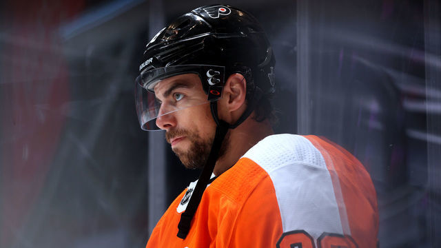 TORONTO, ONTARIO - AUGUST 24: Derek Grant #38 of the Philadelphia Flyers attends warm ups before playing against the New York Islanders in Game One of the Eastern Conference Second Round during the 2020 NHL Stanley Cup Playoffs at Scotiabank Arena on August 24, 2020 in Toronto, Ontario.