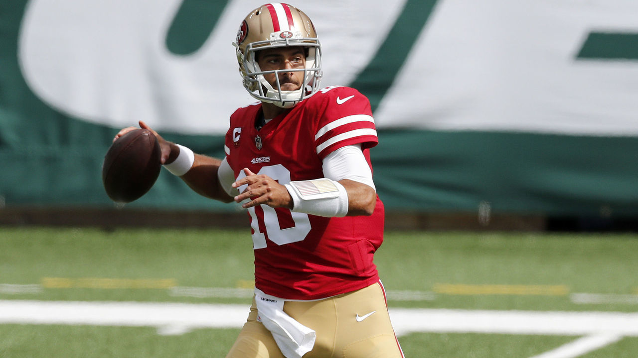 EAST RUTHERFORD, NEW JERSEY - SEPTEMBER 20: (NEW YORK DAILIES OUT) Jimmy Garoppolo #10 of the San Francisco 49ers in action against the New York Jets at MetLife Stadium on September 20, 2020 in East Rutherford, New Jersey. The 49ers defeated the Jets 31-13.