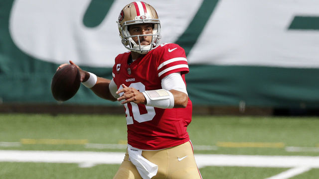 EAST RUTHERFORD, NEW JERSEY - SEPTEMBER 20: (NEW YORK DAILIES OUT) Jimmy Garoppolo #10 of the San Francisco 49ers in action against the New York Jets at MetLife Stadium on September 20, 2020 in East Rutherford, New Jersey. The 49ers defeated the Jets 31-13.