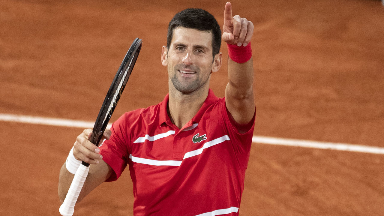 PARIS, FRANCE October 09. Novak Djokovic of Serbia celebrates his five set victory against Stefanos Tsitipas of Greece in the Semi Finals of the singles competition on Court Philippe-Chatrier during the French Open Tennis Tournament at Roland Garros on October 9th 2020 in Paris, France.