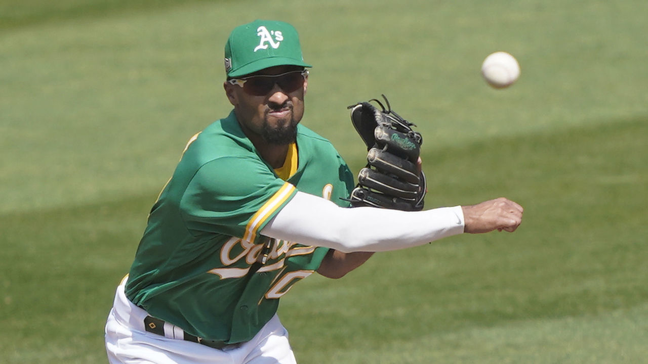 OAKLAND, CALIFORNIA - SEPTEMBER 30: Marcus Semien #10 of the Oakland Athletics throws to first base throwing out Luis Robert #88 of the Chicago White Sox during the fourth inning of Game Two of the American League Wild Card Round at RingCentral Coliseum on September 30, 2020 in Oakland, California.