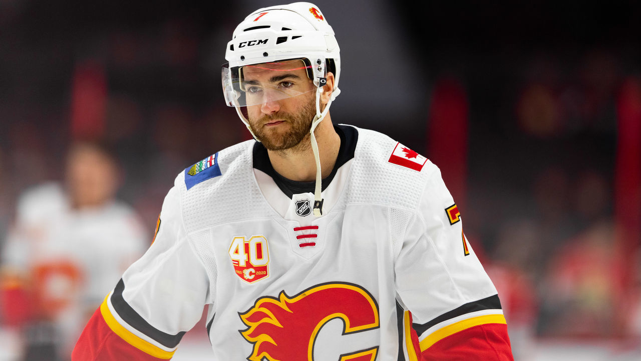 OTTAWA, ON - JANUARY 18: Calgary Flames Defenceman T.J. Brodie (7) during warm-up before National Hockey League action between the Calgary Flames and Ottawa Senators on January 18, 2020, at Canadian Tire Centre in Ottawa, ON, Canada.