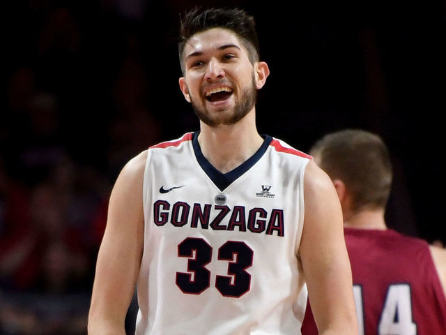LAS VEGAS, NV - MARCH 03: Killian Tillie #33 of the Gonzaga Bulldogs reacts after hitting a 3-pointer against the Loyola Marymount Lions during a quarterfinal game of the West Coast Conference basketball tournament at the Orleans Arena on March 3, 2018 in Las Vegas, Nevada.