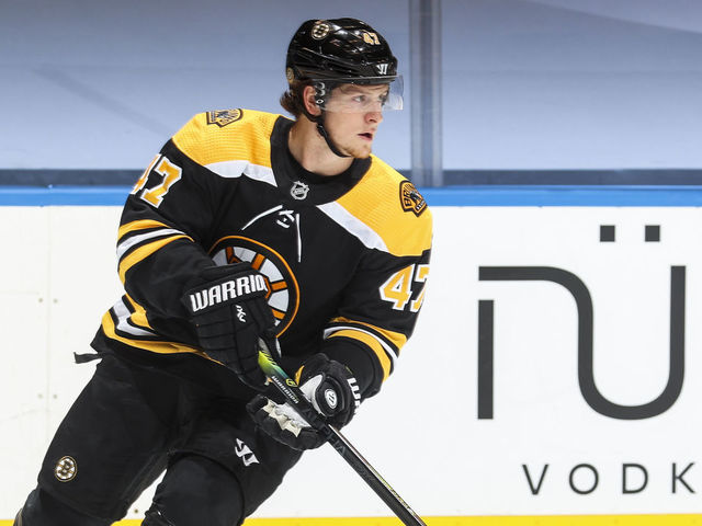 TORONTO, ONTARIO - AUGUST 02: Torey Krug #47 of the Boston Bruins plays the puck against the Philadelphia Flyers during the first period in a Round Robin game during the 2020 NHL Stanley Cup Playoff at Scotiabank Arena on August 02, 2020 in Toronto, Ontario.