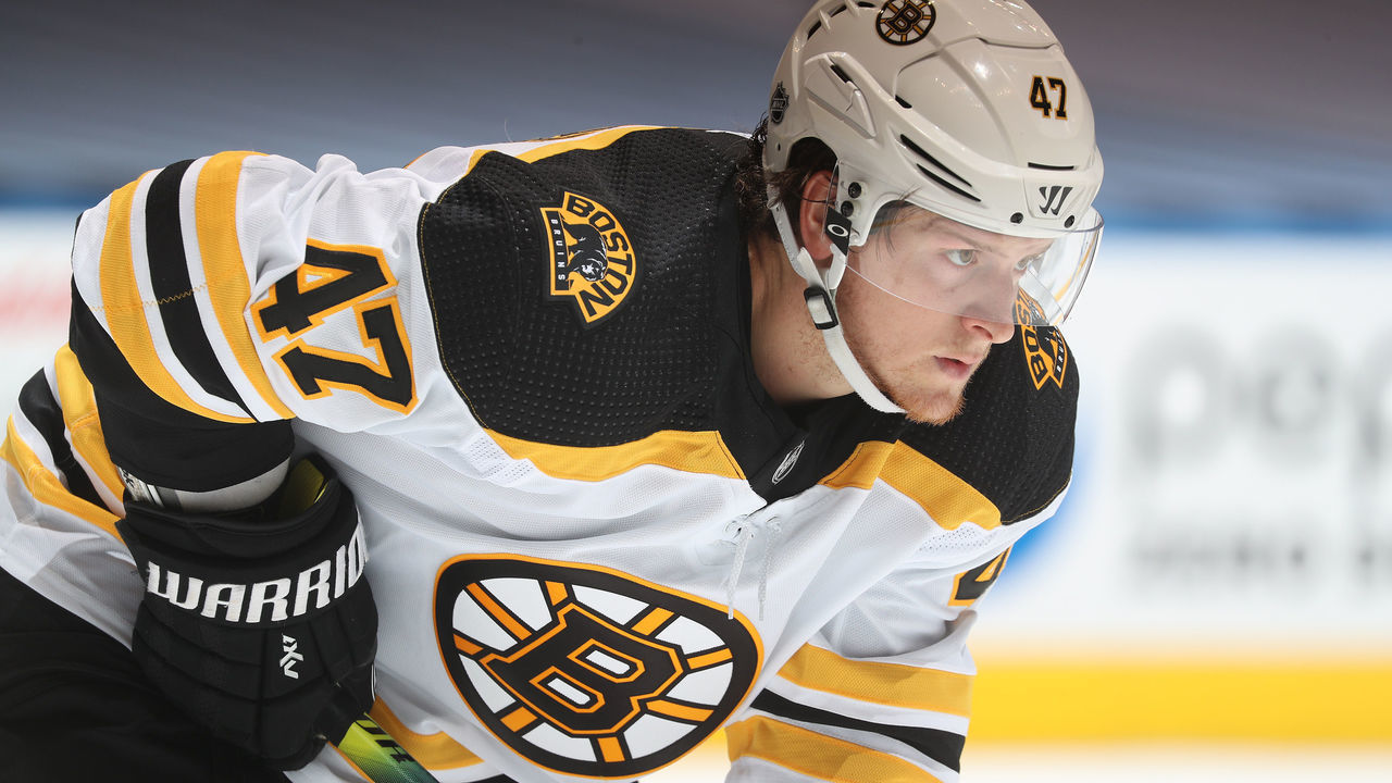 TORONTO, ONTARIO - JULY 30: Torey Krug #47 of the Boston Bruins lines up in his defensive position before a face-off during the second period of an exhibition game against the Columbus Blue Jackets prior to the 2020 NHL Stanley Cup Playoffs at Scotiabank Arena on July 30, 2020 in Toronto, Ontario.