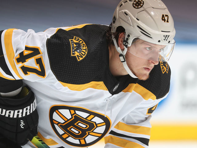 TORONTO, ONTARIO - JULY 30: Torey Krug #47 of the Boston Bruins lines up in his defensive position before a face-off during the second period of an exhibition game against the Columbus Blue Jackets prior to the 2020 NHL Stanley Cup Playoffs at Scotiabank Arena on July 30, 2020 in Toronto, Ontario.