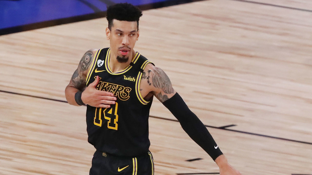 LAKE BUENA VISTA, FLORIDA - OCTOBER 09: Danny Green #14 of the Los Angeles Lakers reacts during the fourth quarter against the Miami Heat in Game Five of the 2020 NBA Finals at AdventHealth Arena at the ESPN Wide World Of Sports Complex on October 9, 2020 in Lake Buena Vista, Florida.