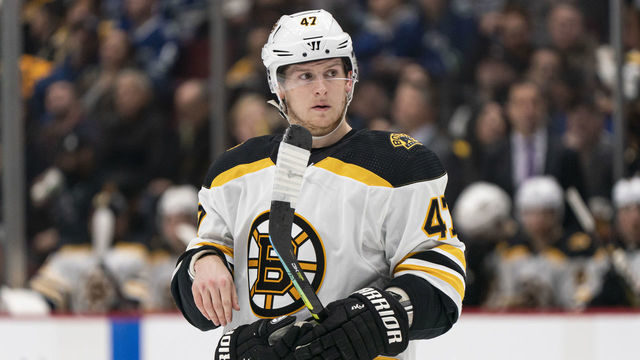 VANCOUVER, BC - FEBRUARY 22: Torey Krug #47 of the Boston Bruins during NHL action against the Vancouver Canucks at Rogers Arena on February 22, 2020 in Vancouver, Canada.