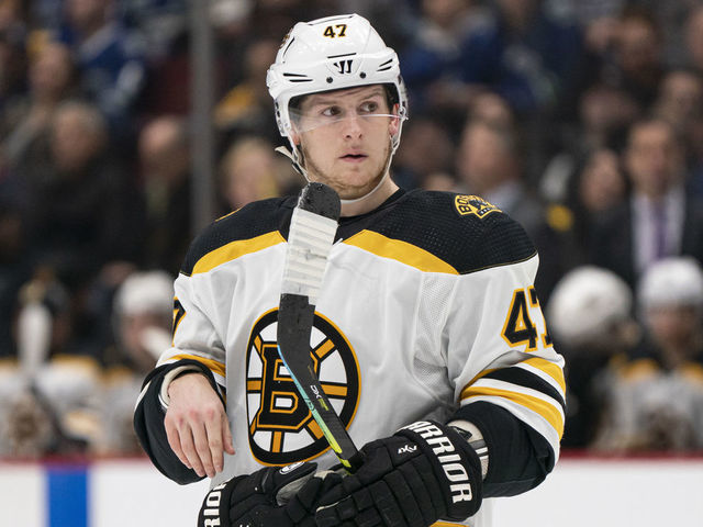 VANCOUVER, BC - FEBRUARY 22: Torey Krug #47 of the Boston Bruins during NHL action against the Vancouver Canucks at Rogers Arena on February 22, 2020 in Vancouver, Canada.