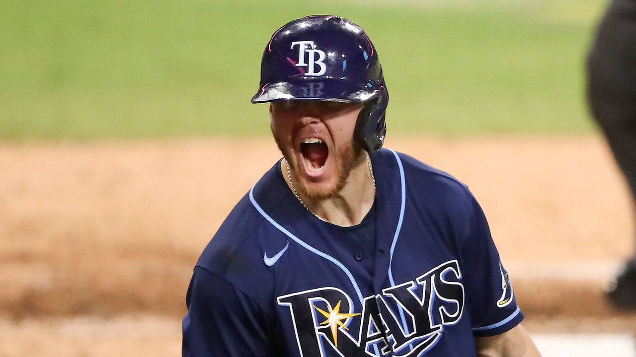 SAN DIEGO, CALIFORNIA - OCTOBER 09: Michael Brosseau #43 of the Tampa Bay Rays celebrates after hitting a solo home run against the New York Yankees during the eighth inning in Game Five of the American League Division Series at PETCO Park on October 09, 2020 in San Diego, California.