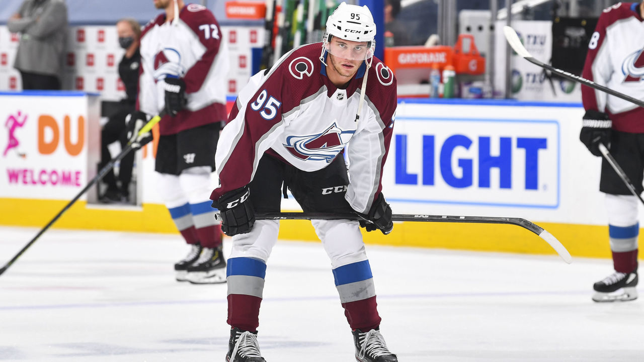 EDMONTON, ALBERTA - AUGUST 05: Andre Burakovsky #95 of the Colorado Avalanche warms up before facing the Dallas Stars in a Western Conference Round Robin game during the 2020 NHL Stanley Cup Playoff at Rogers Place on August 05, 2020 in Edmonton, Alberta.