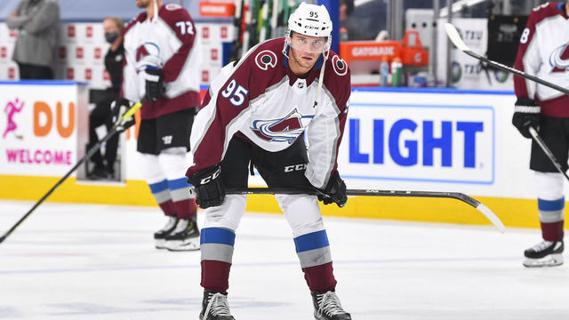 EDMONTON, ALBERTA - AUGUST 05: Andre Burakovsky #95 of the Colorado Avalanche warms up before facing the Dallas Stars in a Western Conference Round Robin game during the 2020 NHL Stanley Cup Playoff at Rogers Place on August 05, 2020 in Edmonton, Alberta.