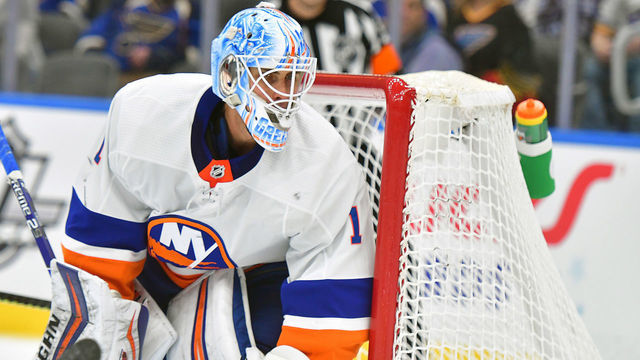 ST. LOUIS, MO - FEBRUARY 27: New York Islanders goaltender Thomas Greiss (1) watches the puck during an NHL game between the New York Islanders and the St. Louis Blues, on February 27, 2020, at Enterprise Center, St. Louis, MO. Photo by Keith Gillett/Icon Sportswire via Getty Images)