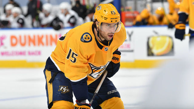 EDMONTON, ALBERTA - AUGUST 02: Craig Smith #15 of the Nashville Predators lines up in position in the second period of Game One of the Western Conference Qualification Round against the Arizona Coyotes at Rogers Place on August 02, 2020 in Edmonton, Alberta.